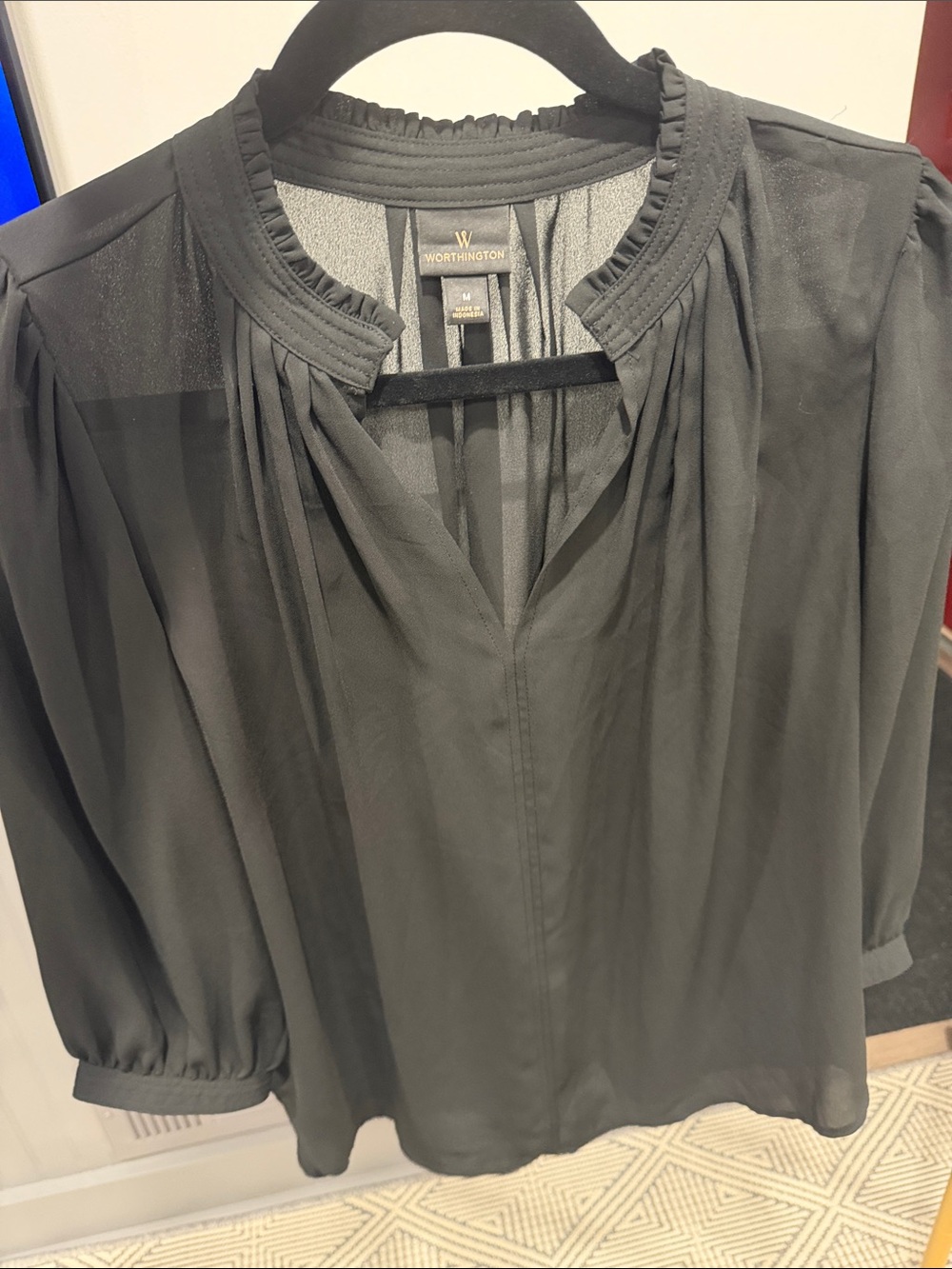 Worthington Sheer Black Ruffled Neck Blouse